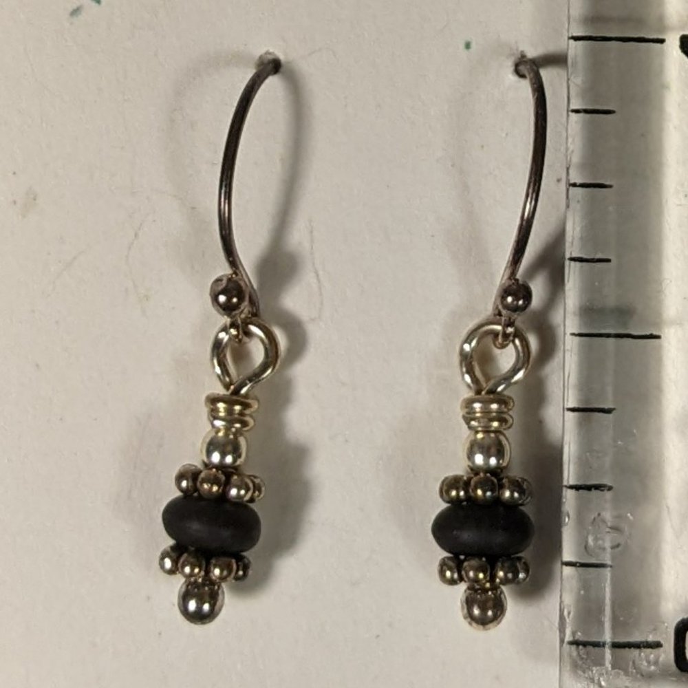 Handcrafted Sterling silver earrings with black frosted glass beads. New!